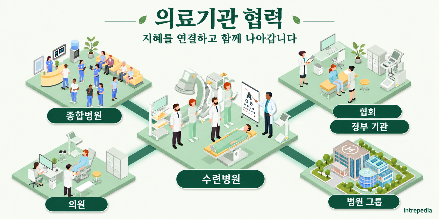 종합병원, 수련병원, 의원, 협회, 정부 기관, 병원 그룹을 연결하는 의료기관 협력 도표.