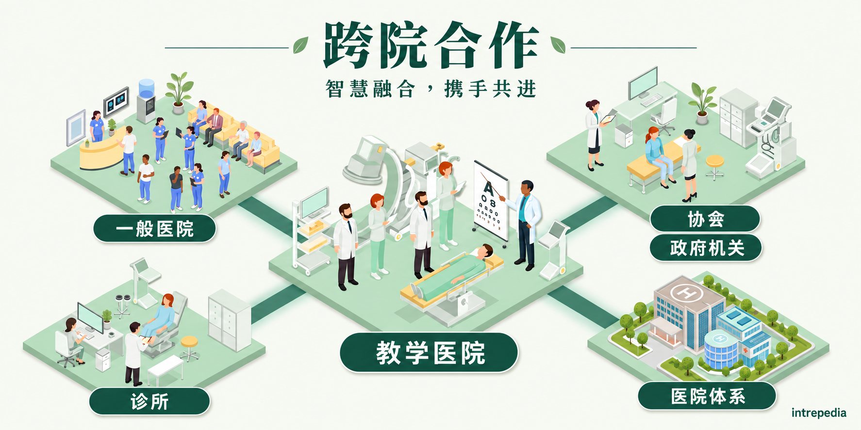 跨院合作图:一般医院、教学医院、诊所、协会、政府机关与医院体系的连接。