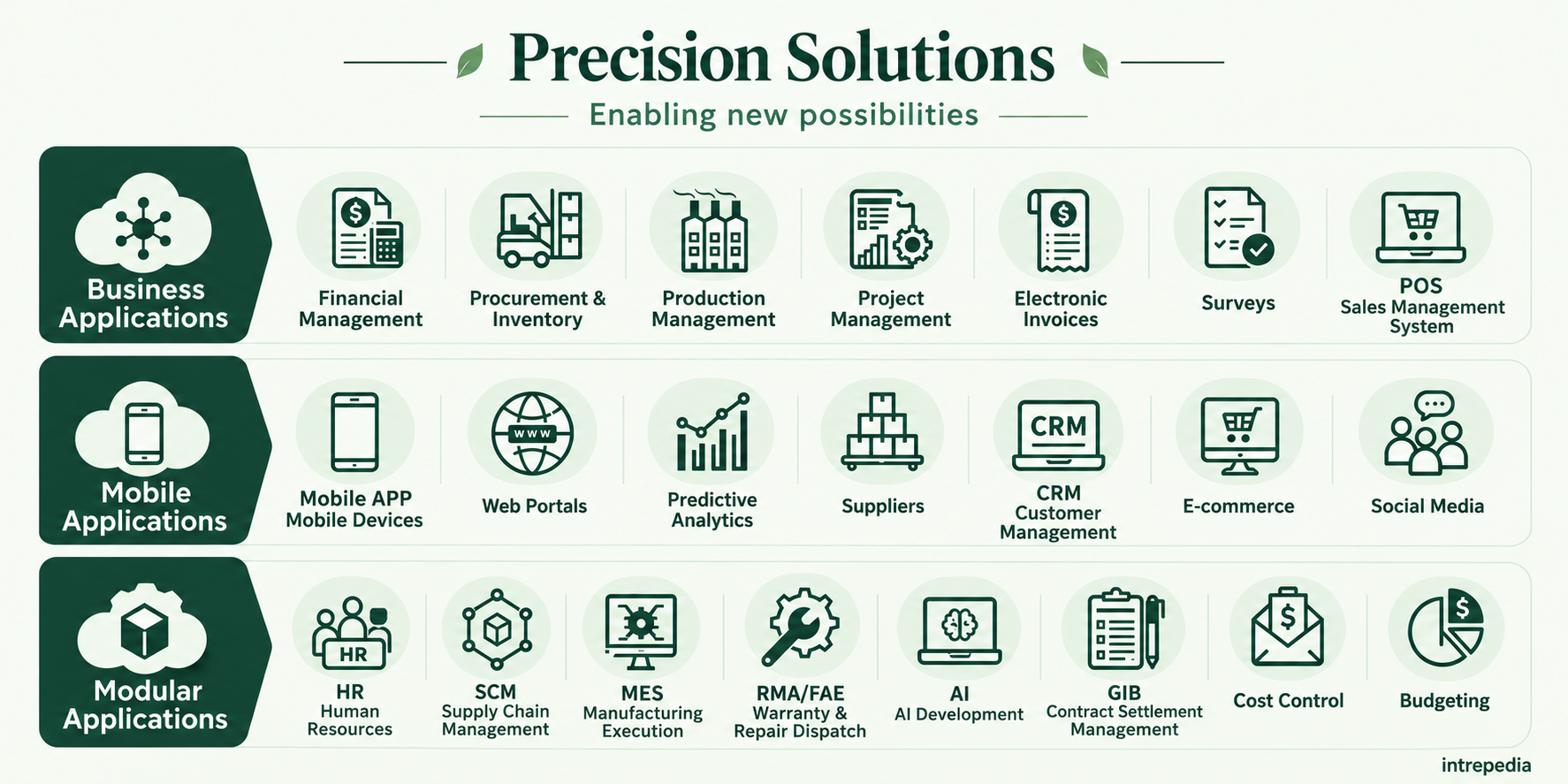 Precision solutions diagram with twenty-two functions across business, mobile and modular applications.